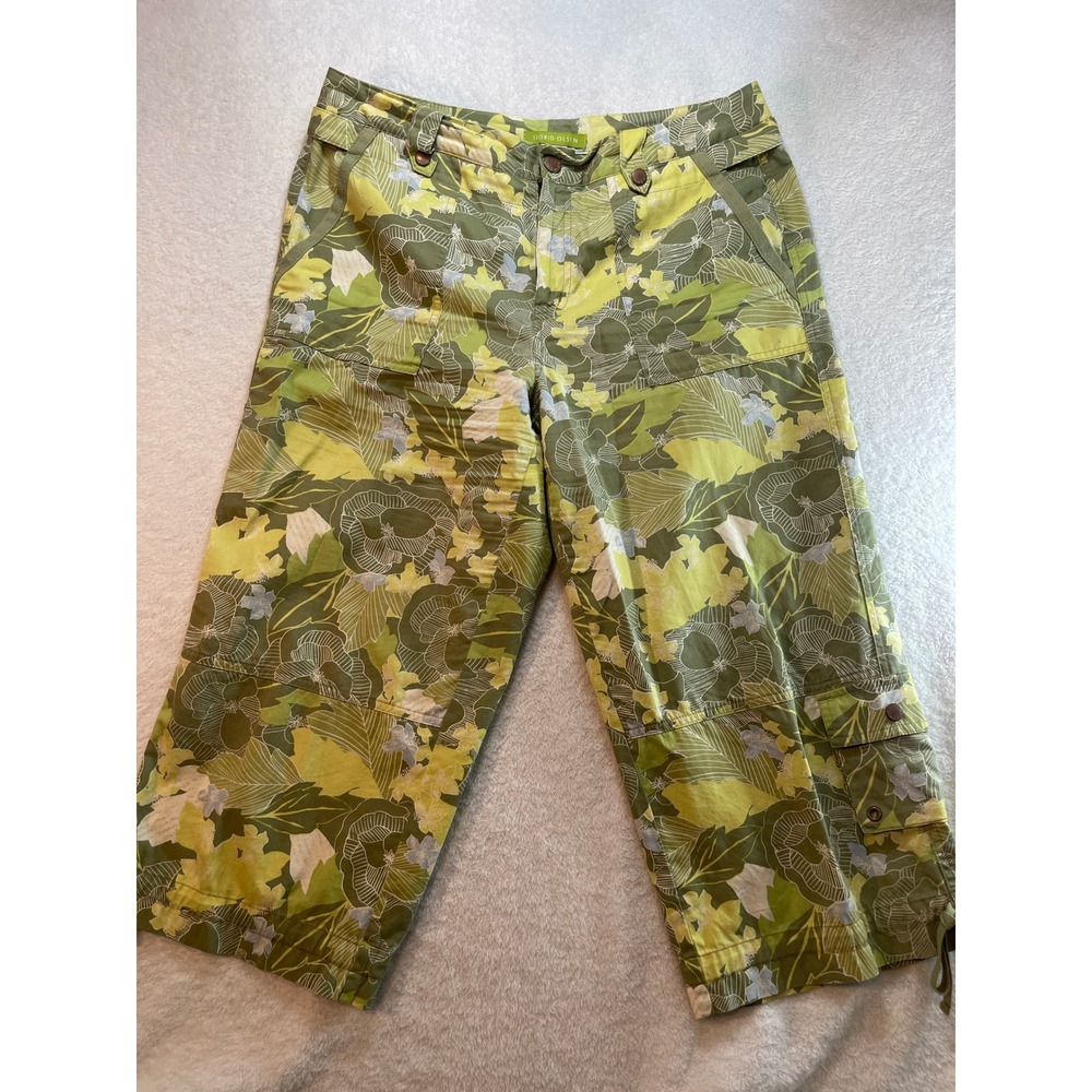 Sigrid Olsen Green Floral Cargo Capri Pants Womens 10 Cotton Crop Tropical Wide